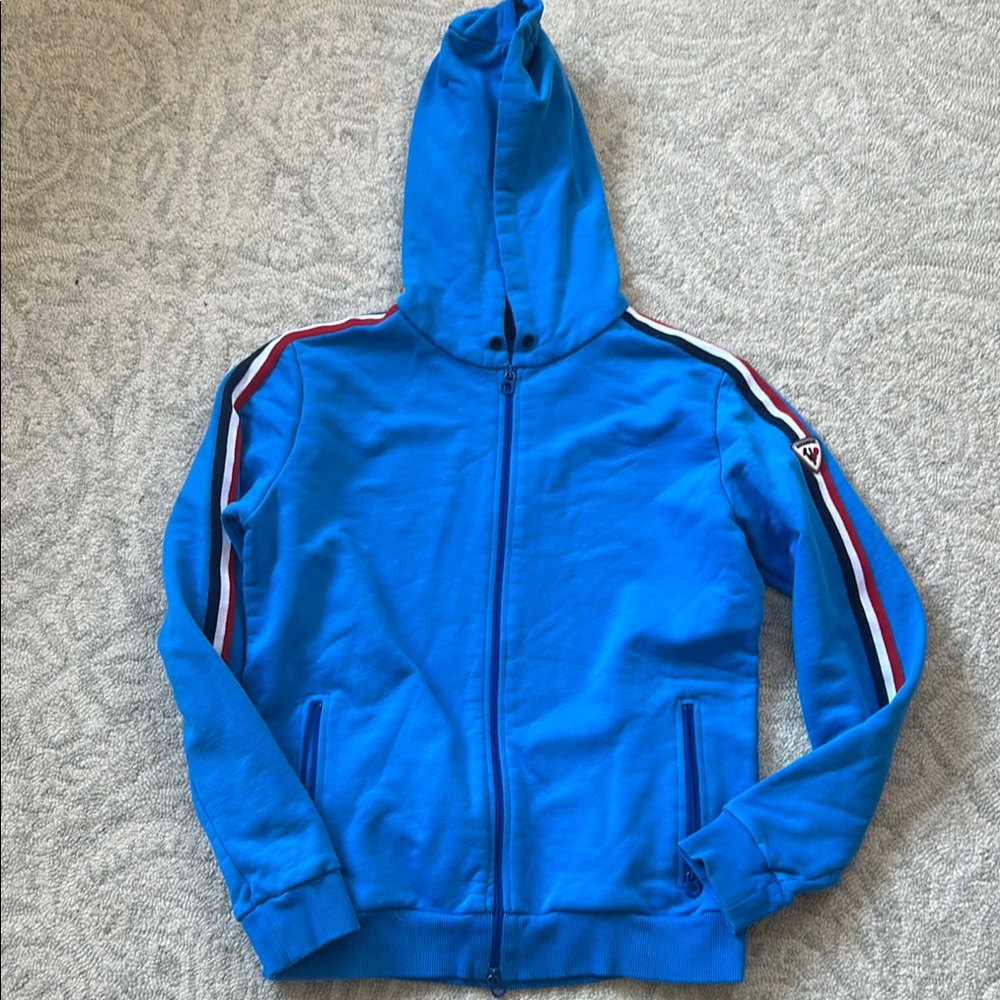 Rossignol Blue Zip-Up Hoodie with Striped Sleeves